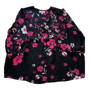 Elle‎ Floral Blouse Womens XL Scalloped Bohemian Career Black Pink 3/4 Sleeve